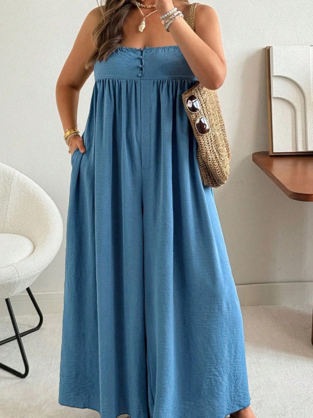 Plus Solid Button Flowy High Waisted Wide leg Jumper Jumpsuit - Picture 8 of 12